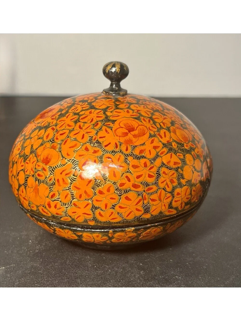 India Vintage 1970s Kashmiri Gulkari Floral Papier-Mache Lidded Box, 4x4”